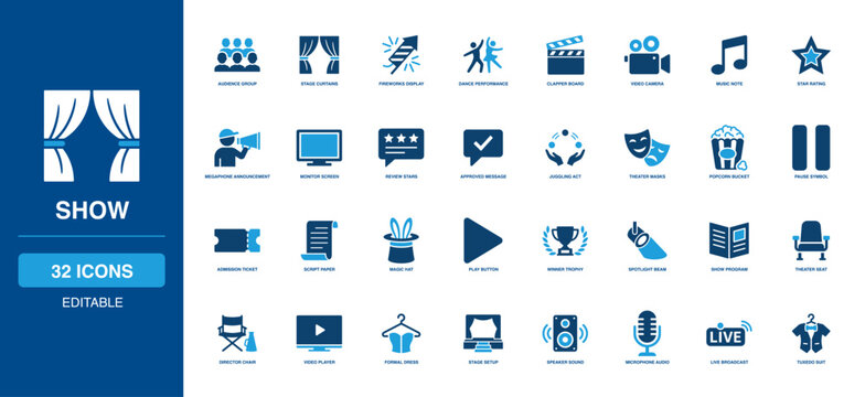 Entertainment Show Solid Icon Set featuring audience group, stage curtains, fireworks display, dance performance, movie clapper board, video camera, music note, star rating, and megaphone.