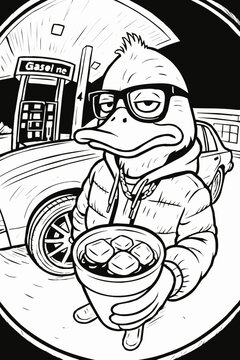 Anthropomorphic Duck Character in Urban Streetwear Holding a Cup at a Gas Station Illustration