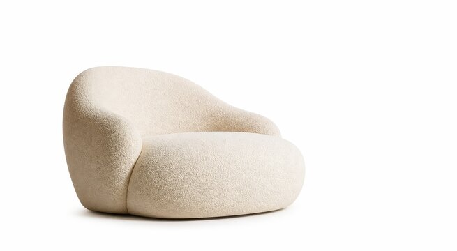 Modern monolithic lounge chair heavy organic curves covered in soft cream boucle fabric solid base without thin legs soft warm lighting perfectly isolated on a stark white background