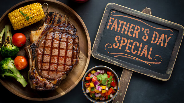 Father's Day special meal with grilled steak, corn, and salad on a rustic plate