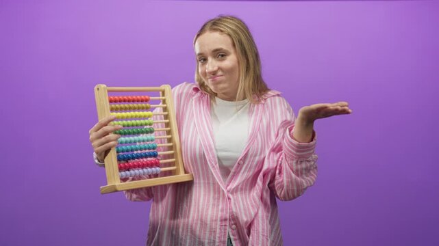 Woman blonde holding wooden abacus with palm up shrug gesture, wearing pink striped shirt in studio; uncertainty math learning.