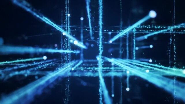 CGI global digital network, luminous nodes and glowing lines expand in dark void. Orbital camera tracks shimmering data streams in electric blues, purples, greens. Advanced intelligence concept
