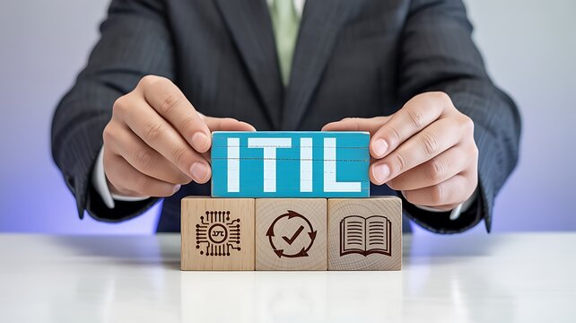 IT service management itil framework concept with professional presenting blocks and business process icons