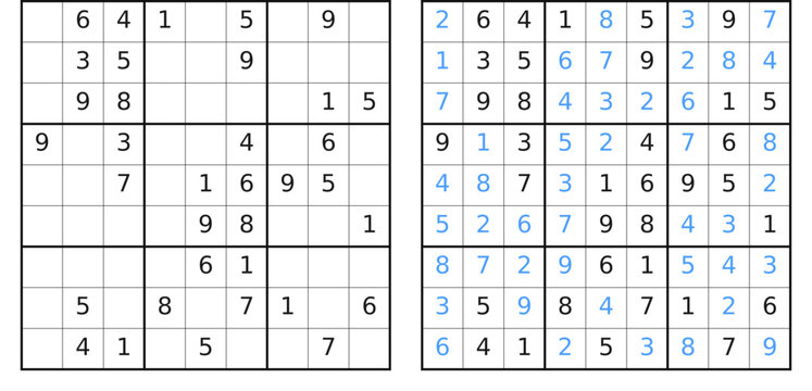 Vector sudoku number game with answer. Educational puzzle for kids and adults on white background.