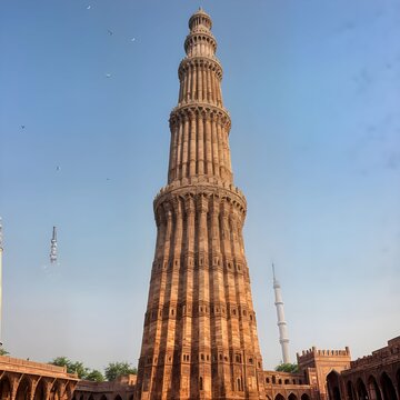 Low-angle view of the historic Qutub Minar brick minaret against a clear blue sky in Delhi, India