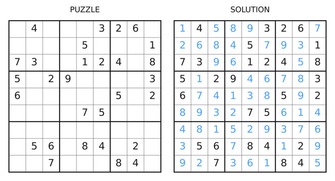 Vector sudoku game with numbers and answer. Educational puzzle for kids and adults.