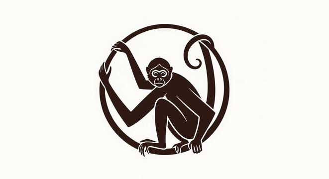 Stylized Monkey Logo Inside Circular Frame Vector Illustration