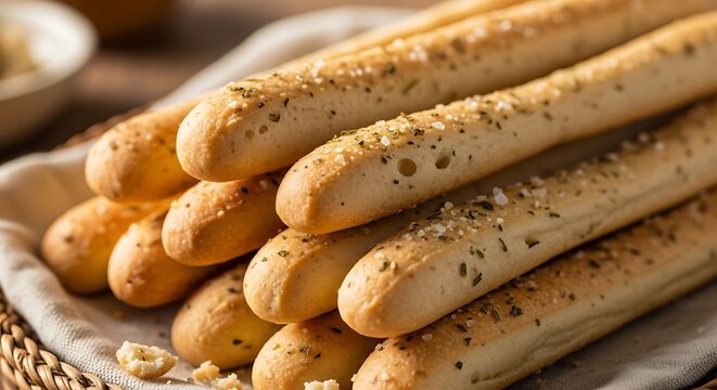 Fresh baked breadsticks displayed in a woven basket close up