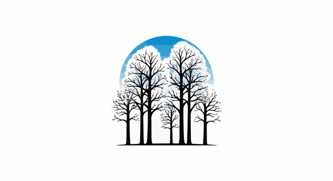 Stylized bare trees silhouetted against a blue sky and white clouds