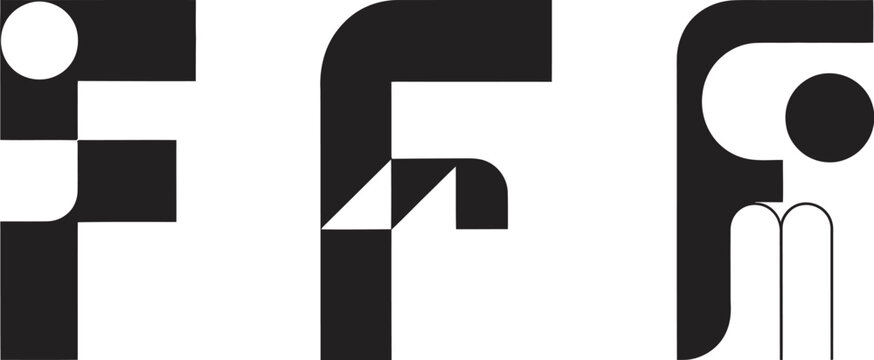 Minimalist geometric letter F logo set, abstract black and white initial monograms, modern corporate branding vector icons for tech startups