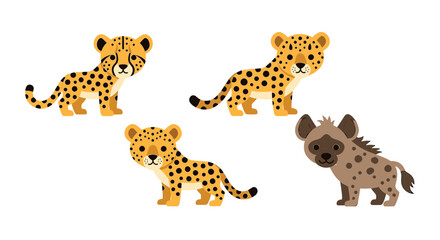 Cute cartoon cheetah and hyena cubs set isolated on white background © Ibnu