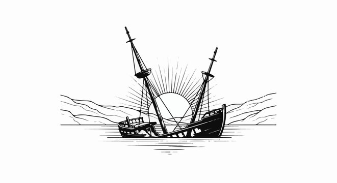 Stylized black and white drawing of a grounded, sinking ship at sunset