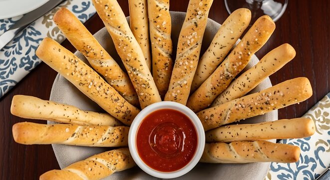 Fresh baked breadsticks with a bowl of dipping sauce on a wooden table