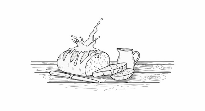 Sketch of a loaf of bread with milk splashing onto it, sliced bread, and a pitcher