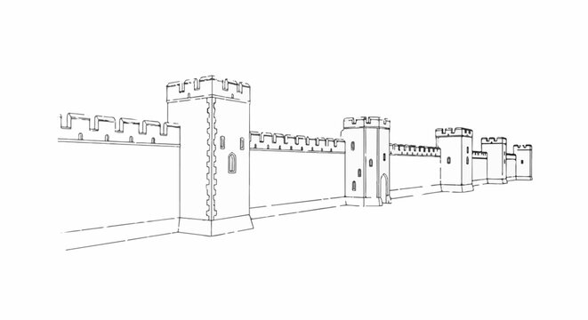 Sketch of a long, imposing stone fortification with crenellated towers and battlements