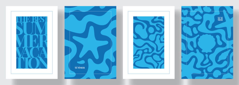 Set of trendy Summer posters. Concept of modern typographic design with seashells, foam, abstract liquid or marble pattern. Posters for party banner, flyer, ads, branding, cover, vacation design.