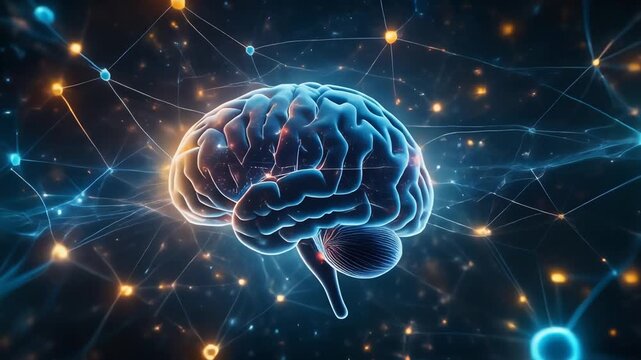 Brain Shaped Data Network with Glowing Synaptic Connections on Dark Background in Slow Motion