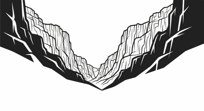 Stylized black and white illustration of a deep canyon with steep, textured walls and a narrow floor