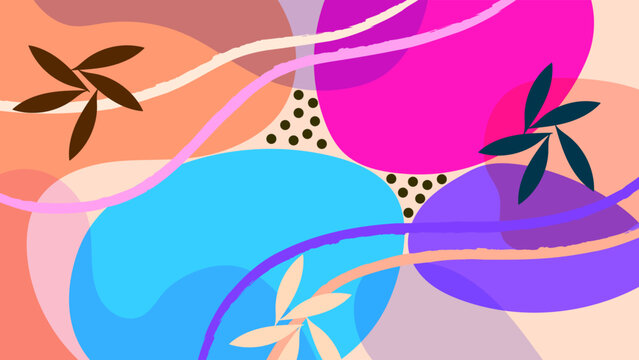 Abstract Background With Hand Drawn Organic Shapes and Leaves Modern Minimal Style Flat Colorful Design Vector. Ideal for Social Media Posts, Website Banners, Presentations, Branding and Digital 