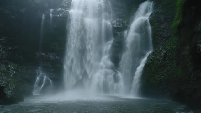 Majestic waterfall cascading down rocky cliffs into a misty pool in a lush dark forest landscape