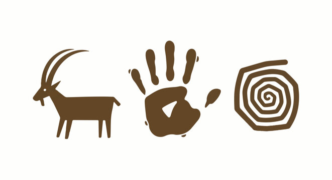 Stylized ancient cave art goat, handprint, spiral