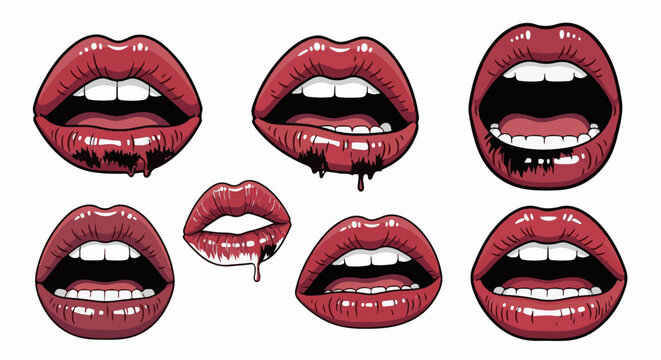 Six pixel art illustrations of glossy red lips, some dripping