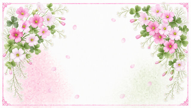 Watercolor Oxalis Floral Frame Background with Delicate Pink Blooms and Clover Leaves, Elegant Border