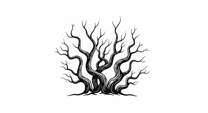 Stylized black and white illustration of a tangled, bare tree