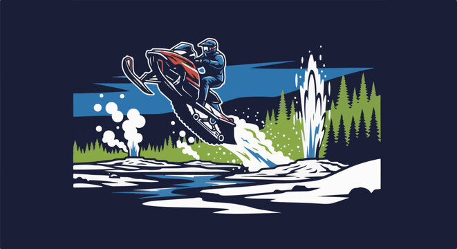 Snowmobile rider jumps over water geyser in snowy forest