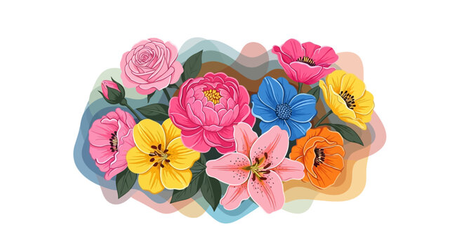 Vibrant Bouquet of Assorted Flowers: Roses, Lilies, Poppies, Peonies on Abstract Background