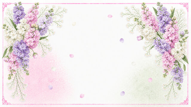 Watercolor Stock Flower Matthiola Frame Background with Pink and Purple Blooms, Elegant Botanical Border