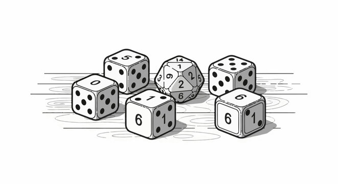 Six polyhedral dice, including a 20-sided die, rest on a wooden surface