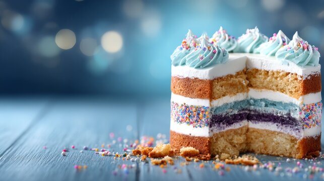 Colorful Layered Sponge Cake with Exposed Filling and Icing Detail