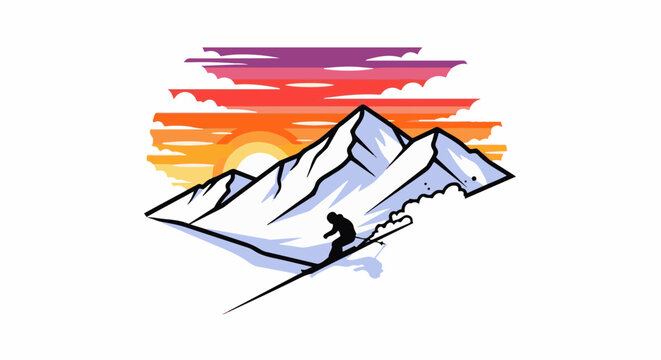 Skiing silhouette on snowy mountain slope against vibrant sunset sky