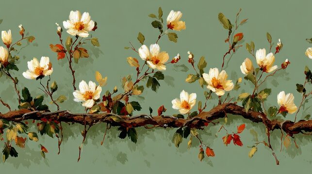 Delicate White Yellow Flowering Vines on Woody Branch Across Pale Green Background
