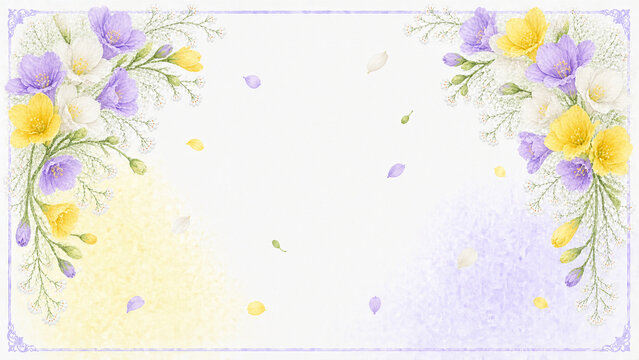 Watercolor Freesia Floral Frame Background with Yellow and White Blooms, Elegant Fragrant Botanical Border