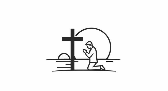 Silhouette of a man praying at a cross with a sunburst behind him