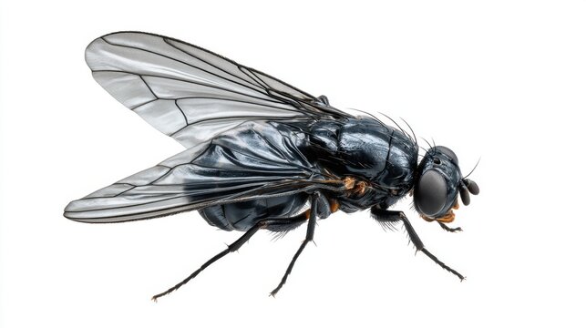 Detailed macro view of black fly insect isolated on white background showing wings structure anatomy and realistic entomology wildlife subject with high detail