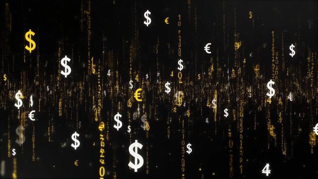 Golden Financial Data Streams and Currency Symbols Flowing on Dark Background in Slow Motion