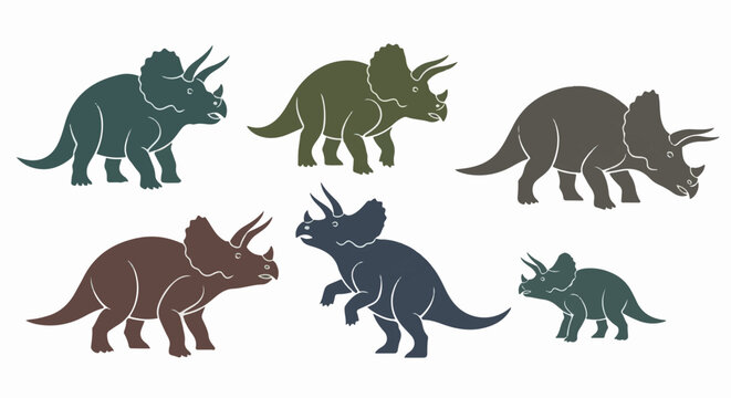 Six stylized dinosaurs in various earthy tones