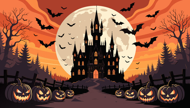 Gothic haunted castle under a giant full moon with spooky pumpkins and twisted trees Halloween vector background.