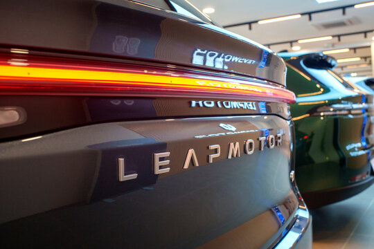 Penang, Malaysia - Apr 07, 2026: Close-up rear tailgate view of a Leapmotor C10+ electric SUV, highlighting the chrome Leapmotor lettering and the modern LED taillight bar inside a showroom.