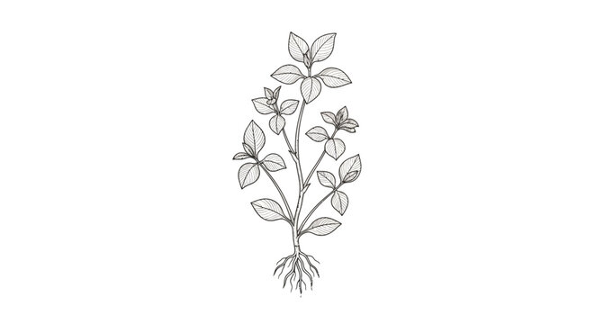 Hand-drawn illustration of a basil plant with roots and leaves, isolated on white background.