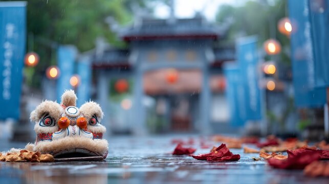 Wet Courtyard After Dance Performance with Lion Mask on Ground