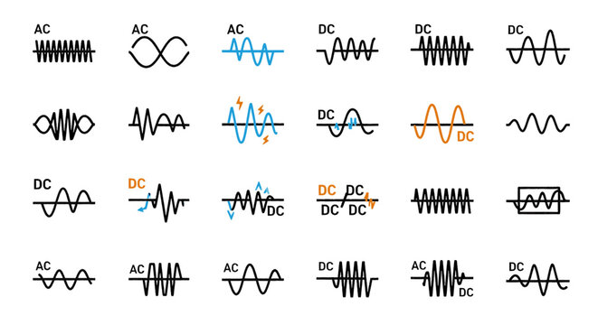 AC DC Electrical Waveform Icons Set for Alternating and Direct Current
