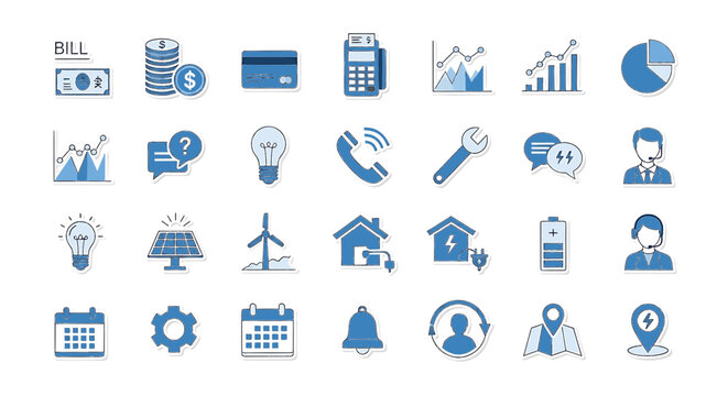 Blue utility and business flat icon set for web and mobile