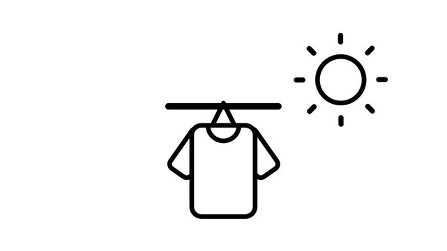 A shirt hanging on a hanger with sun rays suggesting outdoor drying, sun-drying clothes, laundry care instruction, or a drying cycle step