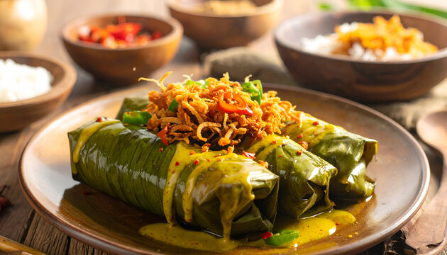 Delicious Indonesian Nasi Lemak Wrapped in Banana Leaves with Savory Toppings.