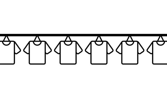 A row of hanging shirts or t-shirts on a laundry line representing drying clothes, laundry service, garment care, or outdoor drying routine
