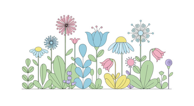 Whimsical Spring Garden: Delicate Hand-Drawn Flowers and Leaves on White Background